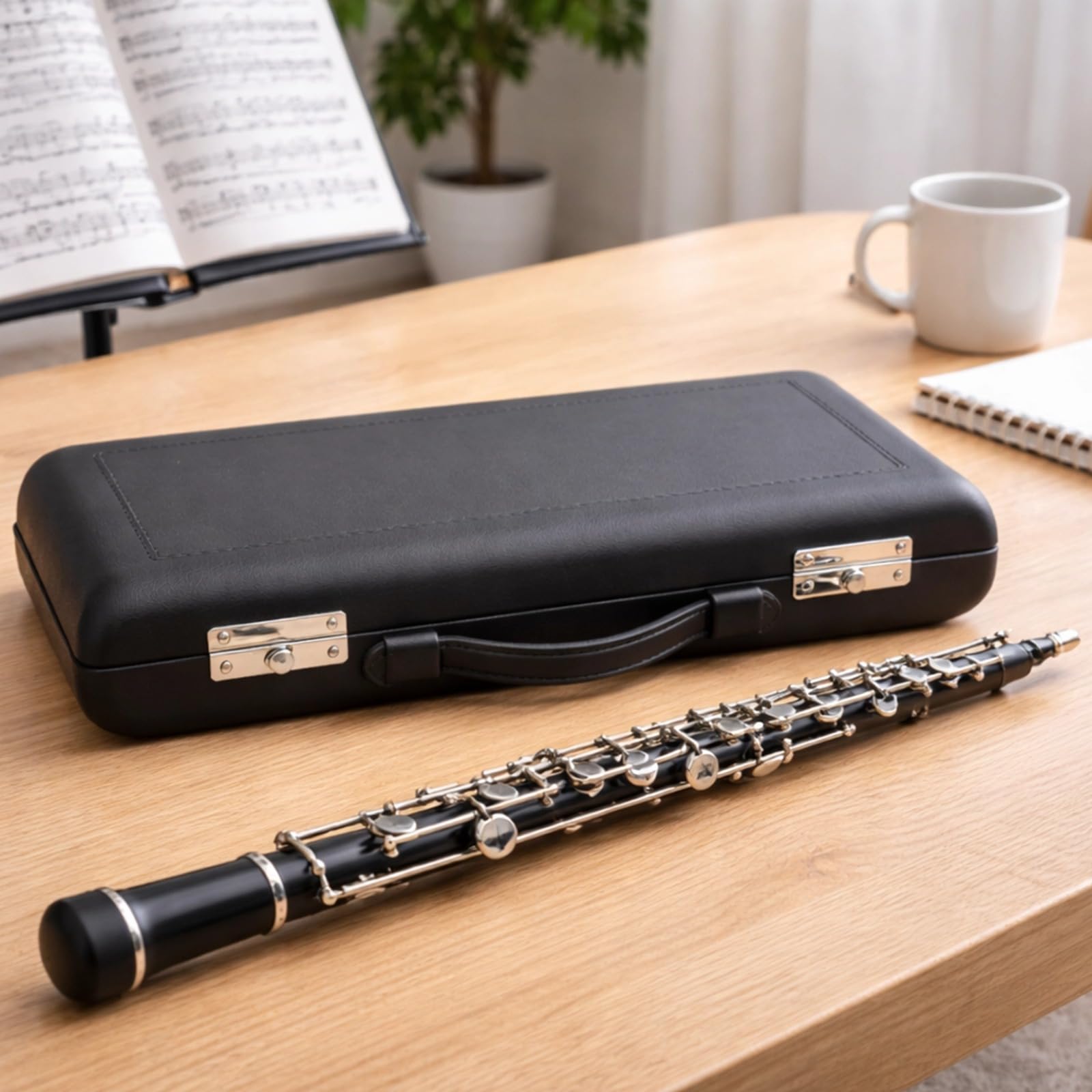 Czarne etui na obój, twarde skórzane drewniane etui na obój z etui, przenośne przechowywanie, konstrukcja z podwójnym zamkiem, pogrubiona podszewka, wygodny uchwyt, 36,5 x 20 x 8 cm