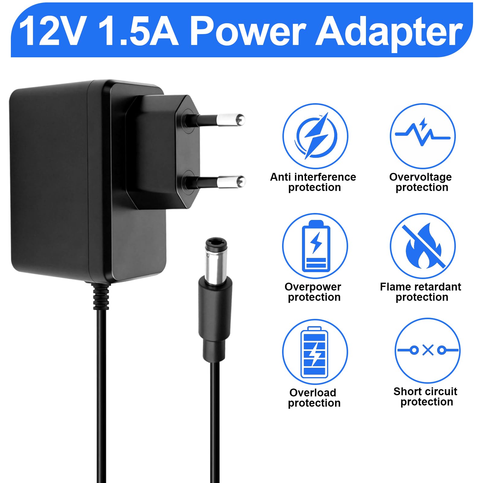 Adattatore Alimentazione 12V 1,5A Universale, Alimentatore AC/DC 100–240V con Presa Jack DC 5,5×2,5 mm, Caricatore per TV Box, Strisce LED, Router, Telecamere, Lampade, Cavo 1.5 m