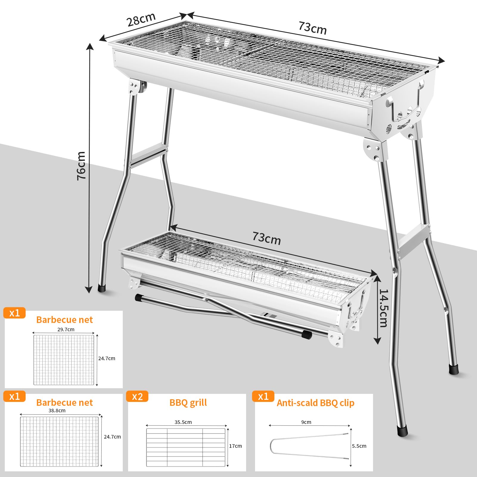 Barbacoa de carbón vegetal XXL, parrilla de carbón portátil, barbacoa plegable de acero inoxidable, barbacoa de carbón para exteriores, parrilla de pie, parrilla plegable (73 x 28 x 76 cm)