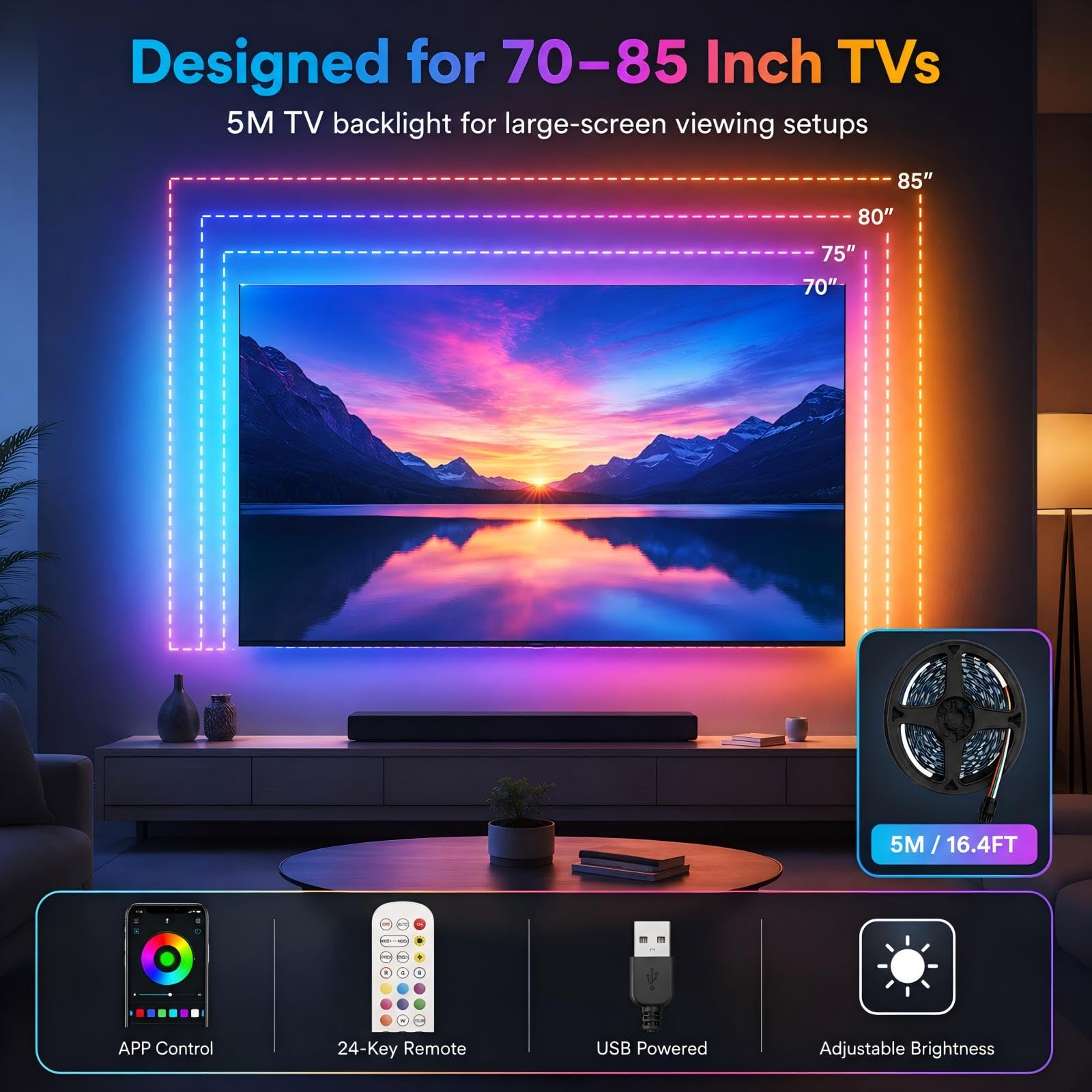Ruban LED TV RGBIC 5 m, caméra de synchronisation, 70 à 85 pouces