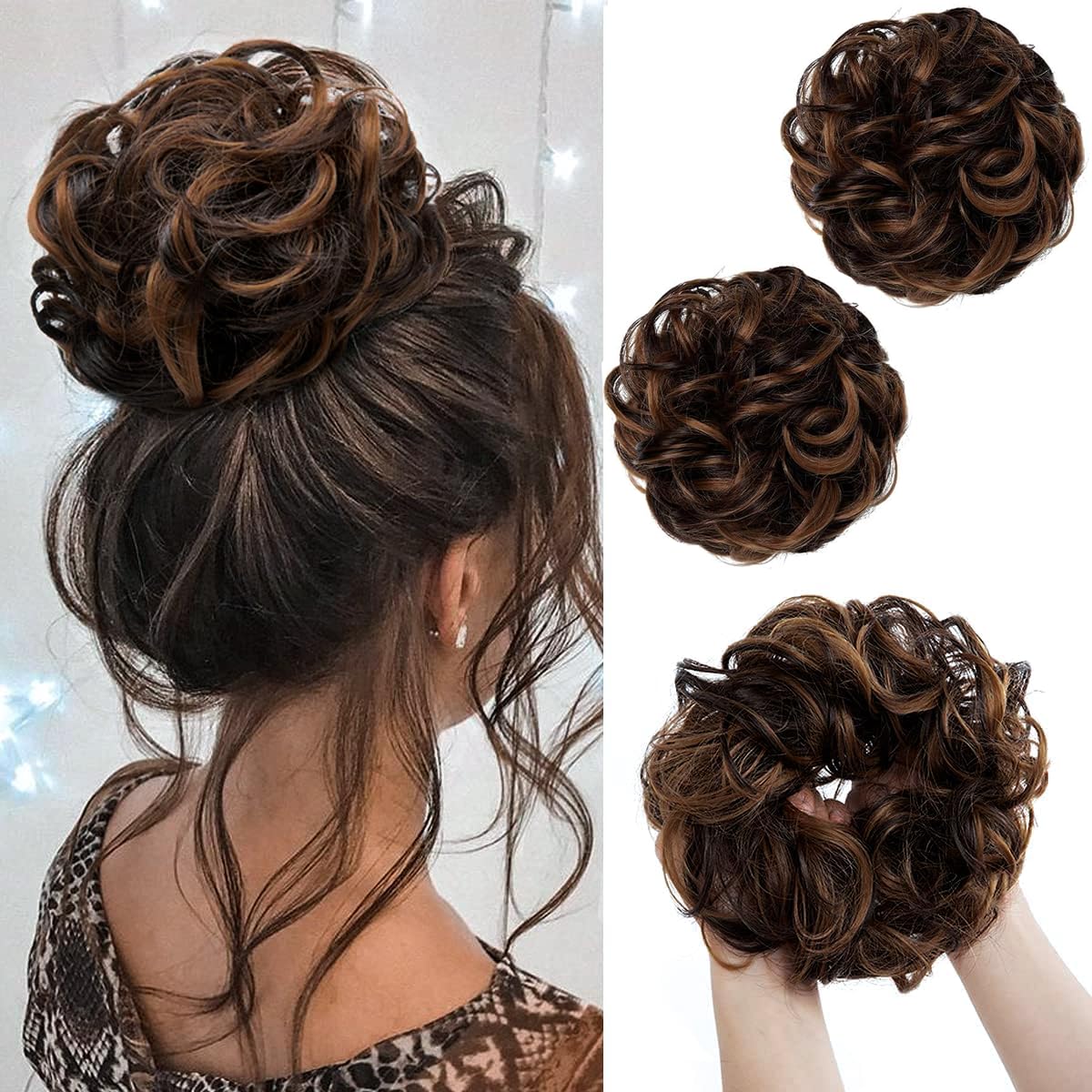 2PCS Messy Buns Extensions Curly Wavy Elastic Easy Scrunchies for Women Girls