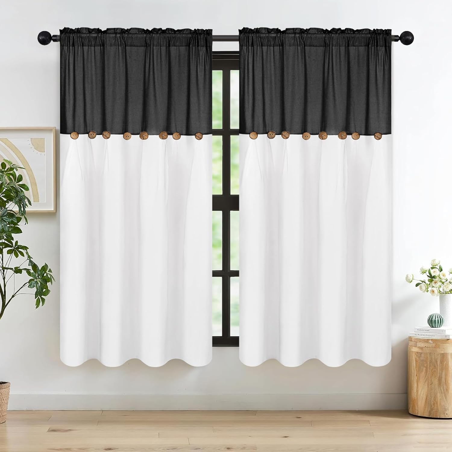 framics farmhouse cotton linen curtains, boho button panels, 52"w x 63"l, black, 2 panels black and white 52"w x 63"l (pack of 2)