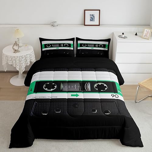 Erosebridal Juego de ropa de cama de casete de audio retro negro, juego de edredón con tocadiscos de música, color verde, relleno de edredón de