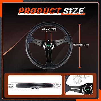 RASTP Universal Racing Steering Wheel 13.8/350mm 6 Bolts Grip Vinyl Leather & Aluminum with Horn Button for Car -Black