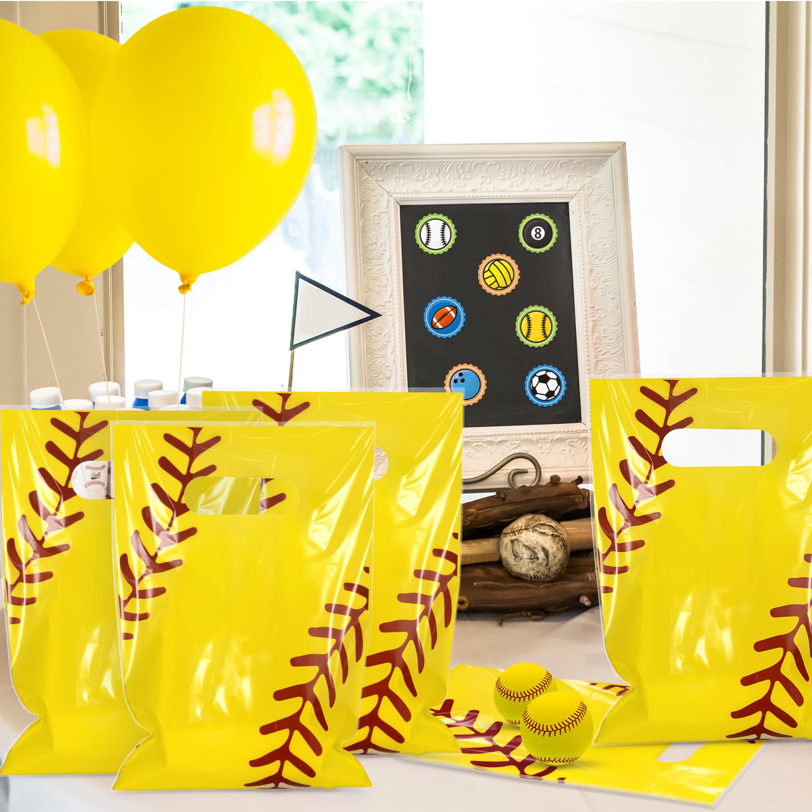 Hxezoc 50 Pieces Softball Gift Bags with Handle, Plastic Treat Candy Bag Sport Favor Bags For Kids Birthday Party Decoration Supplies (Yellow)