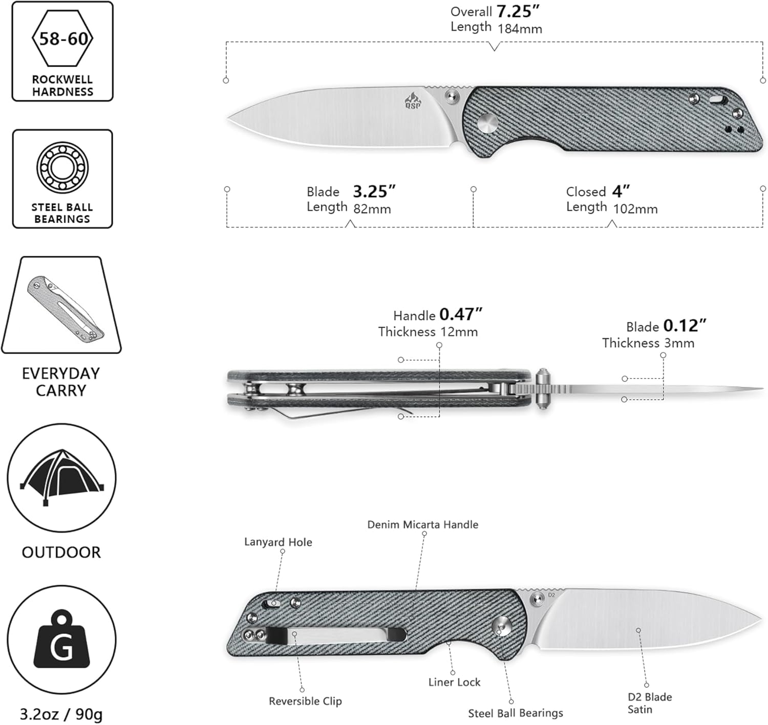 QSP Parrot V2 Folding Pocket Knife, 3.25" D2 Satin Blade EDC Knife, Denim Micarta Handle, Liner Lock, Steel Ball Bearings, Reversible SS Clip