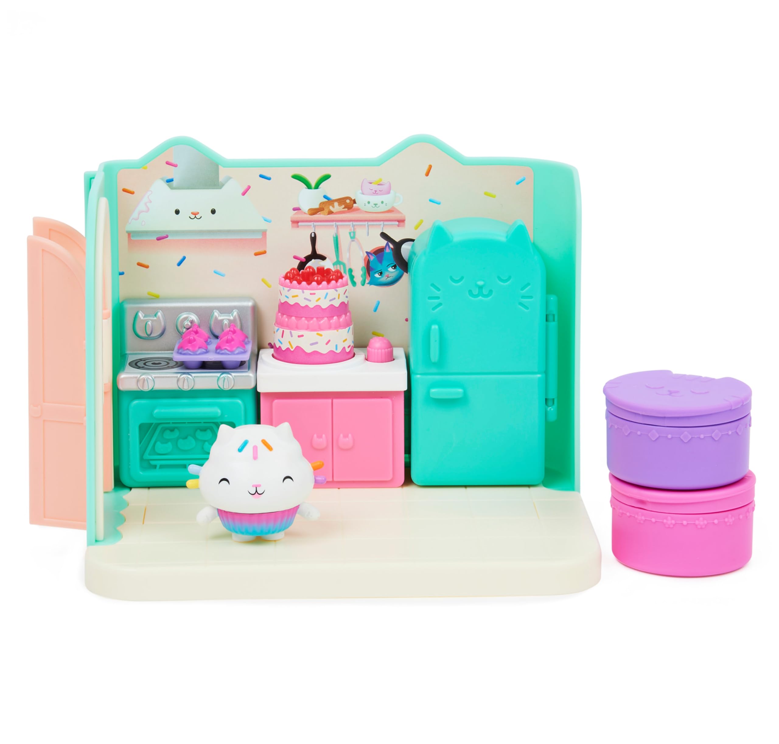 DREAMWORKS GABBY'S DOLLHOUSE - Deluxe Raum, Bakey with Cakey, Küche mit Kuchi (engl. Cakey), 3 Möbelstücken und 2 Überraschungsboxen mit Zubehörteilen, geeignet für Kinder ab 3 Jahren