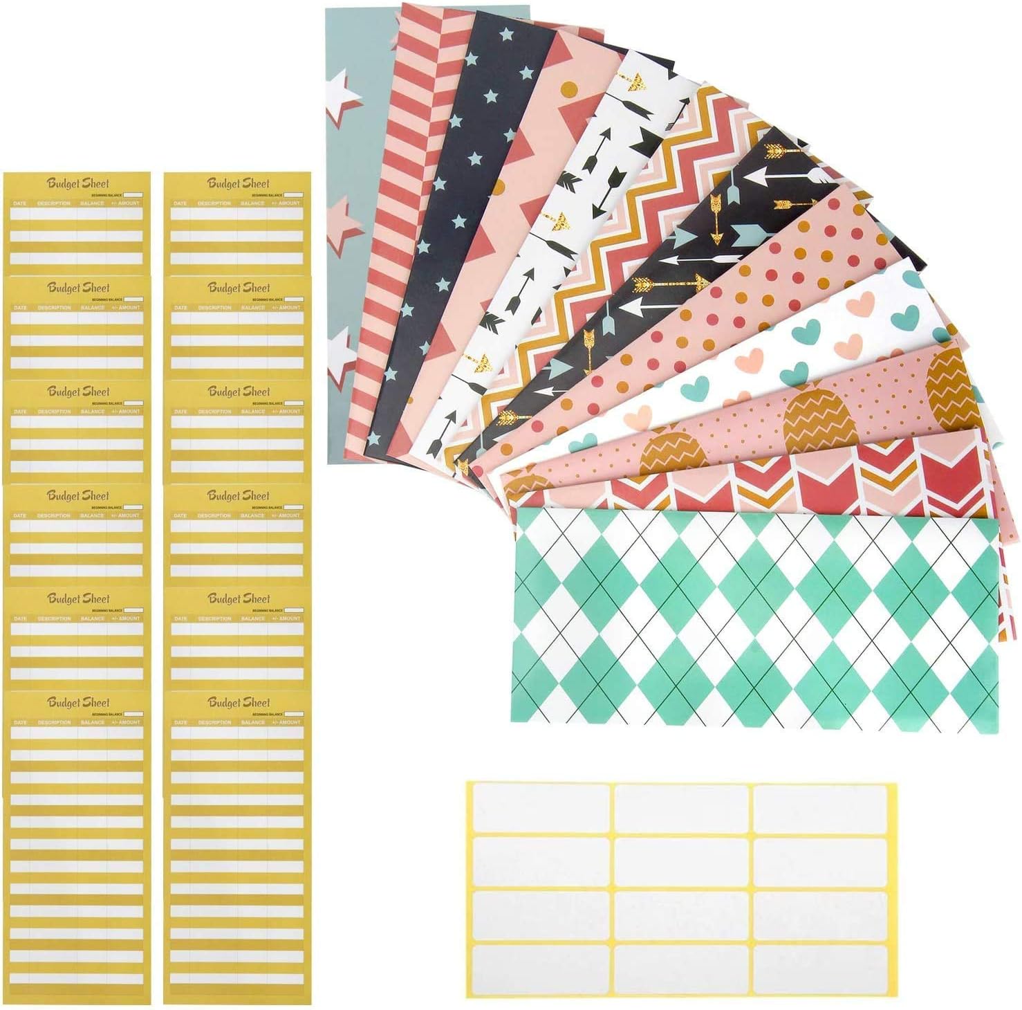 Colovis Budget Envelopes,Waterproof Money Envelopes for Cash Saving Pack of 12Pcs Cash Envelopes Plus 12Pcs Budget Sheets (Mixed Streaks)