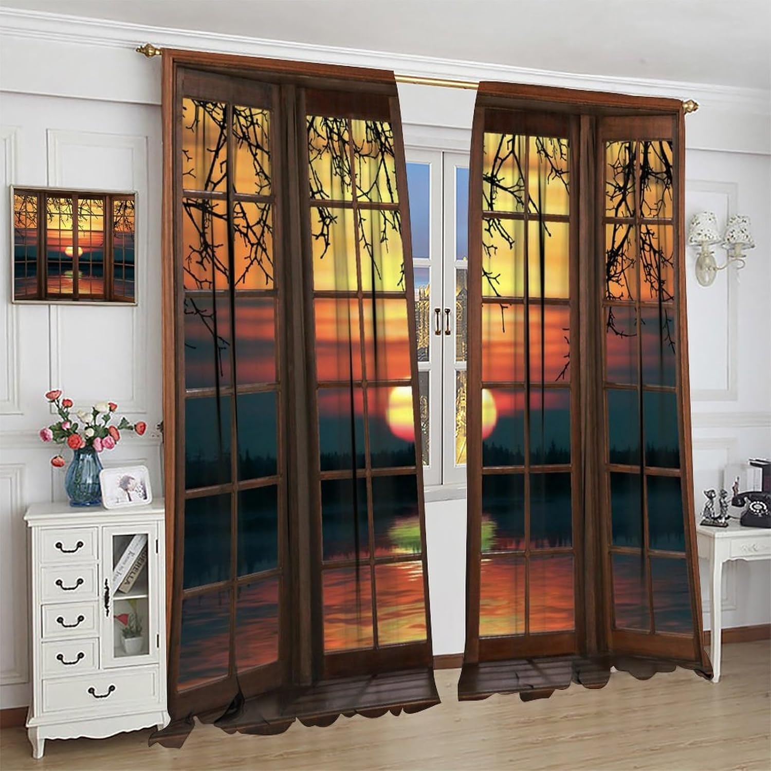 Setting Sun Nature Scenery Curtains, Sunset on The Lake Surface Branch Mountain Forest Reflection Printed Blackout Window Treatments for Bedroom Living Room Kitchen 42" W X 45" L