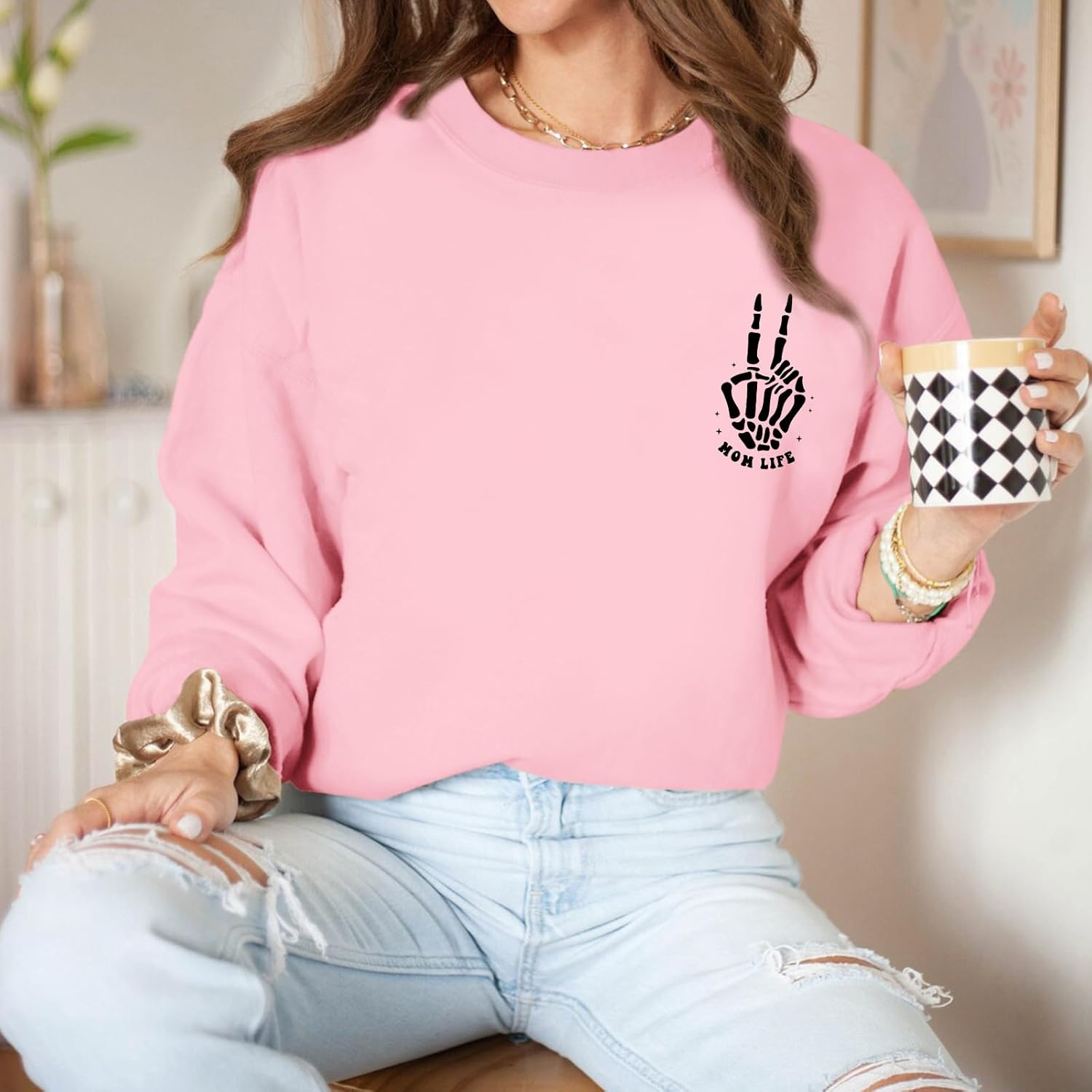 Mom Life Sweatshirt Mama Sweatshirts for Women Skeleton Halloween Long Sleeve Shirt Rock Crewneck Graphic Pullover - Image 2