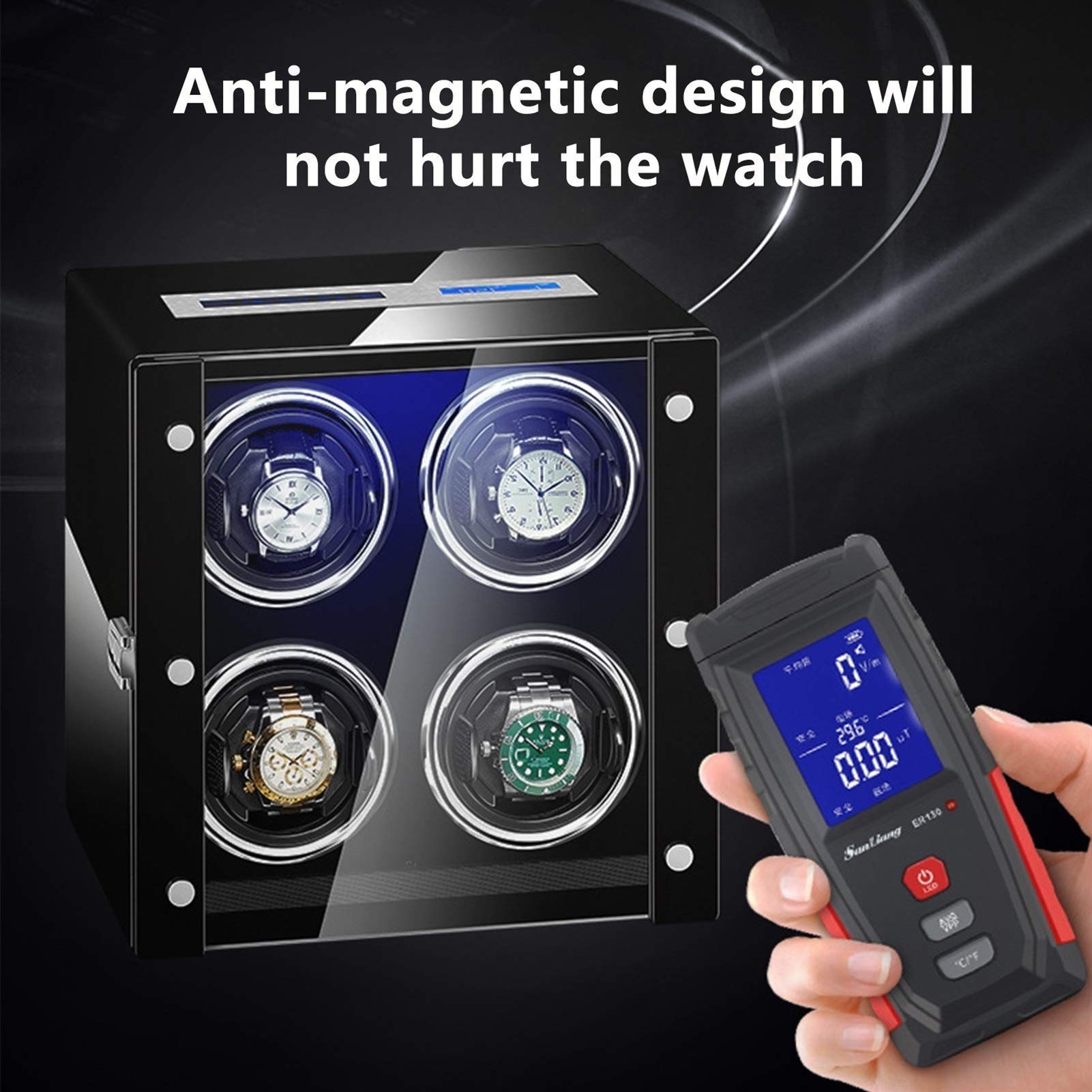 Caricatore Automatico per Orologi con 4 Display LCD, Schermo Touch, Telecomando, retroilluminazione a LED, Cuscini per Orologi Regolabili, Motore Silenzioso. Marrone, NER，Black
