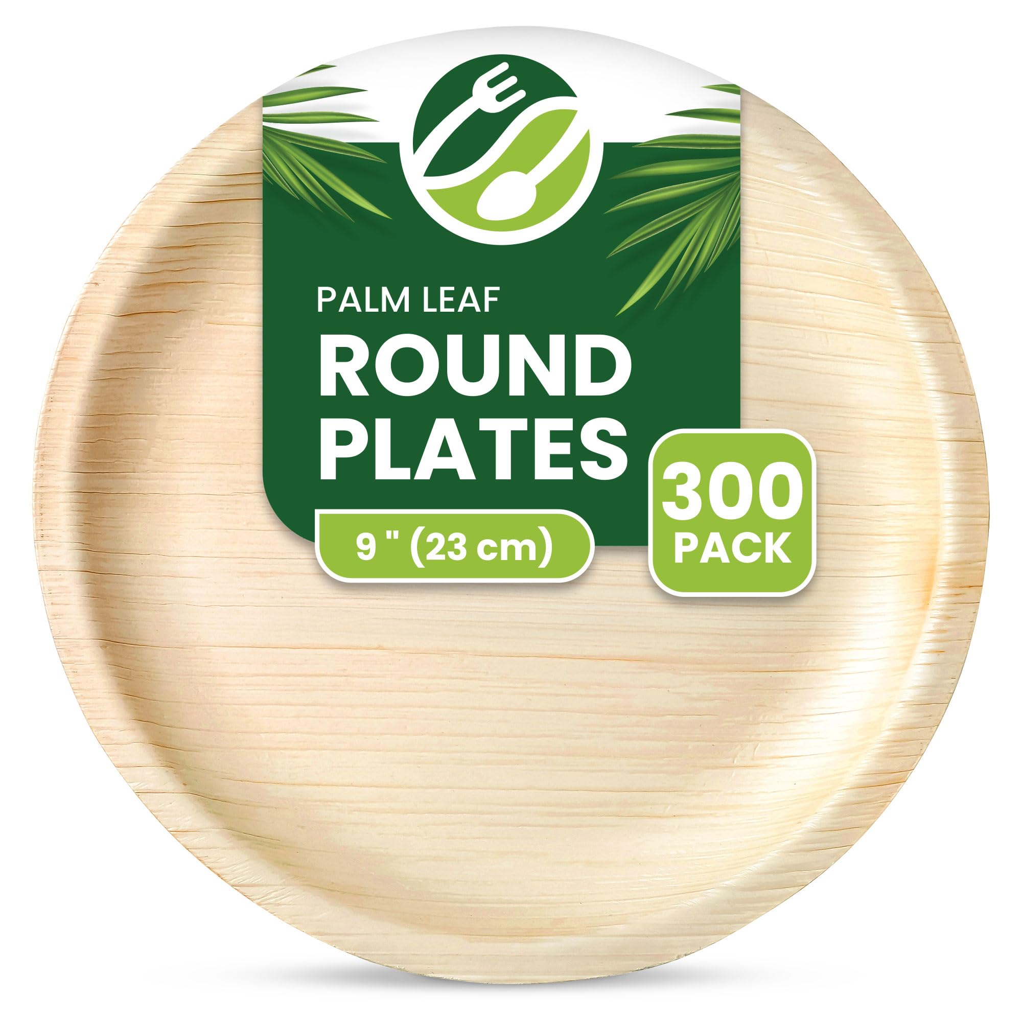 ECO Leaf 300 Disposable Palm Leaf Plates | 9”(23cm) Round Compostable Dinner Plates | Eco-Friendly, Biodegradable Heavy-Duty Plate for Wedding, Party & Picnic |Microwave & Oven Safe, 300 Pcs