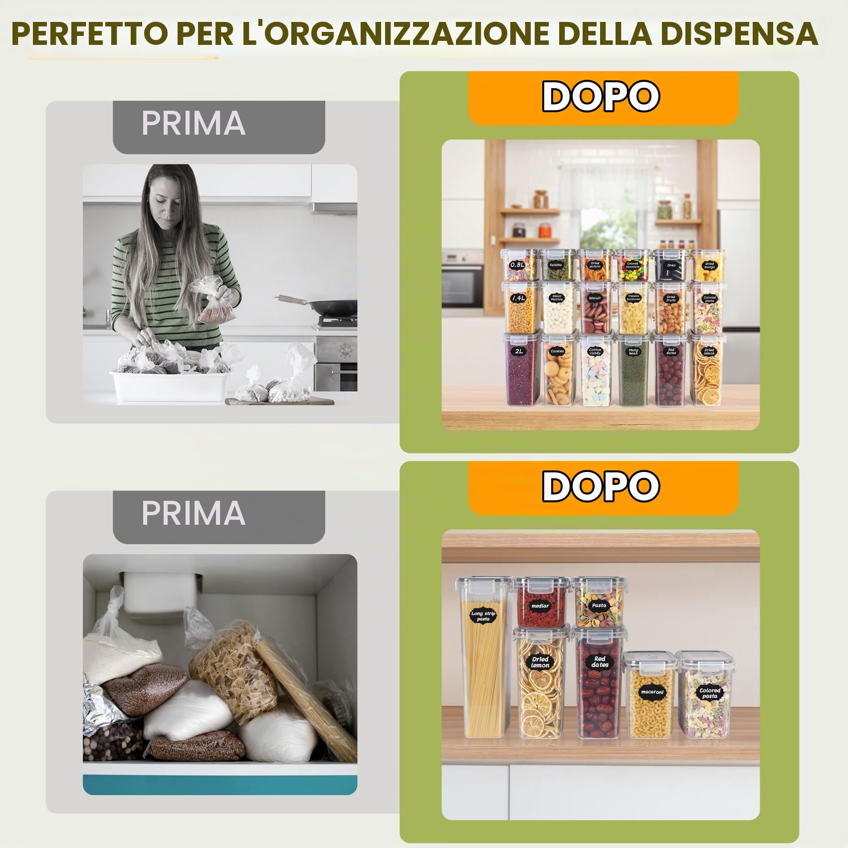 Cinnani 0.8L Contenitori Ermetici per Alimenti 12 Pezzi, Contenitori Plastica Cucina Organizer con Coperchio, Senza BPA Organizer Cucina per la Conservazione di Pasta, Cereali, Muesli, Farina