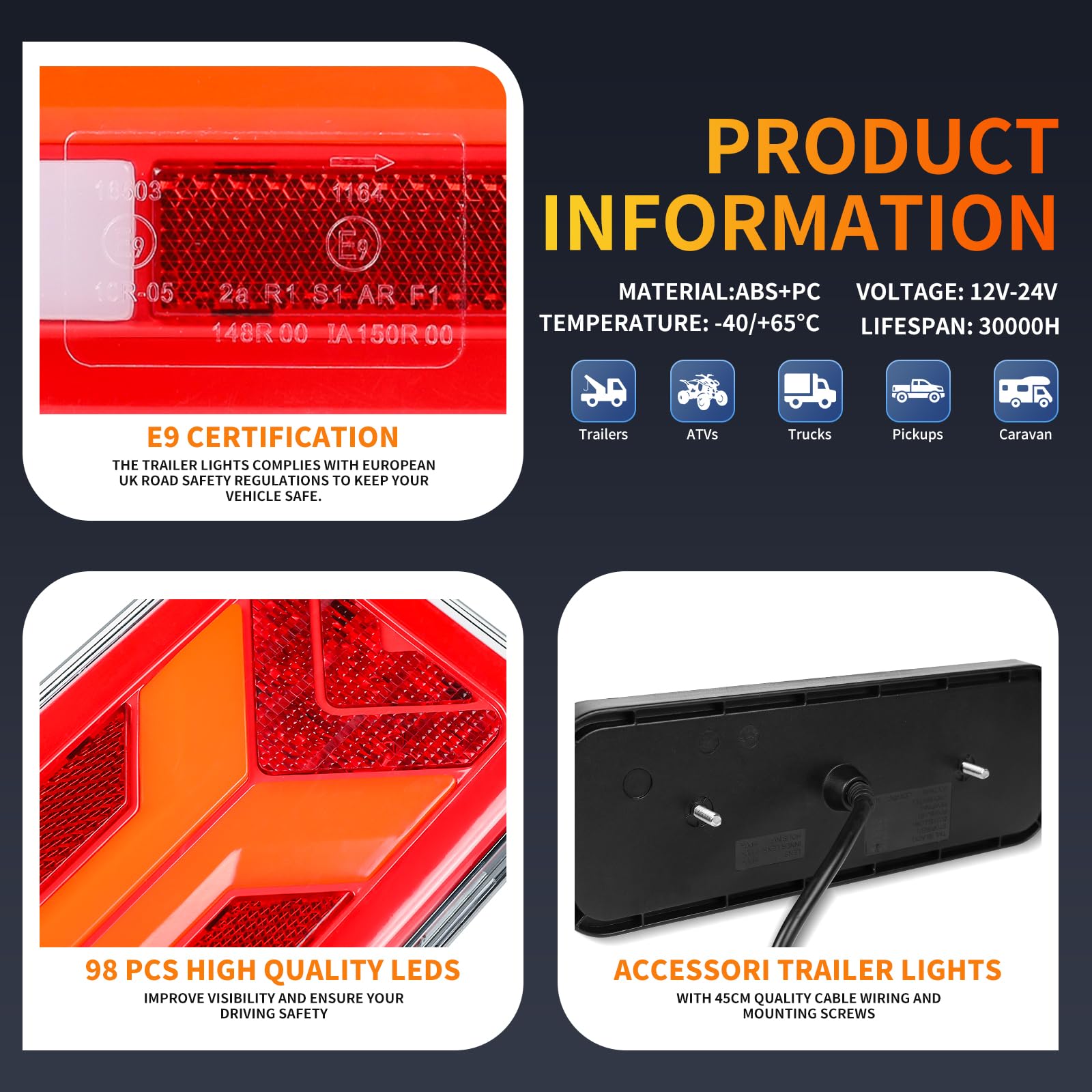 Fanali Posteriori Rimorchio, Fanali Posteriori Universali da 12V 24V DC, Illuminazione per Rimorchi per Camper e Camion Certificati E9 per il Traffico Stradale