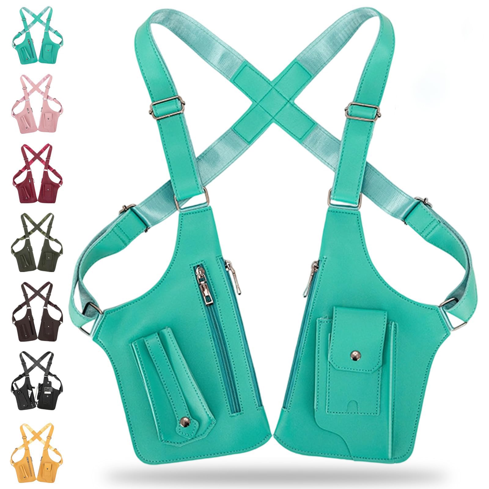 Schulterholster, Vertikales Pistolenholster, Verdeckte Waffenholster, Leder Anti-Diebstahl Schulterholster, Verstellbare Achselholster Tasche mit Doppelfächern,Umhängetasche Für Männer (Emerald Green)