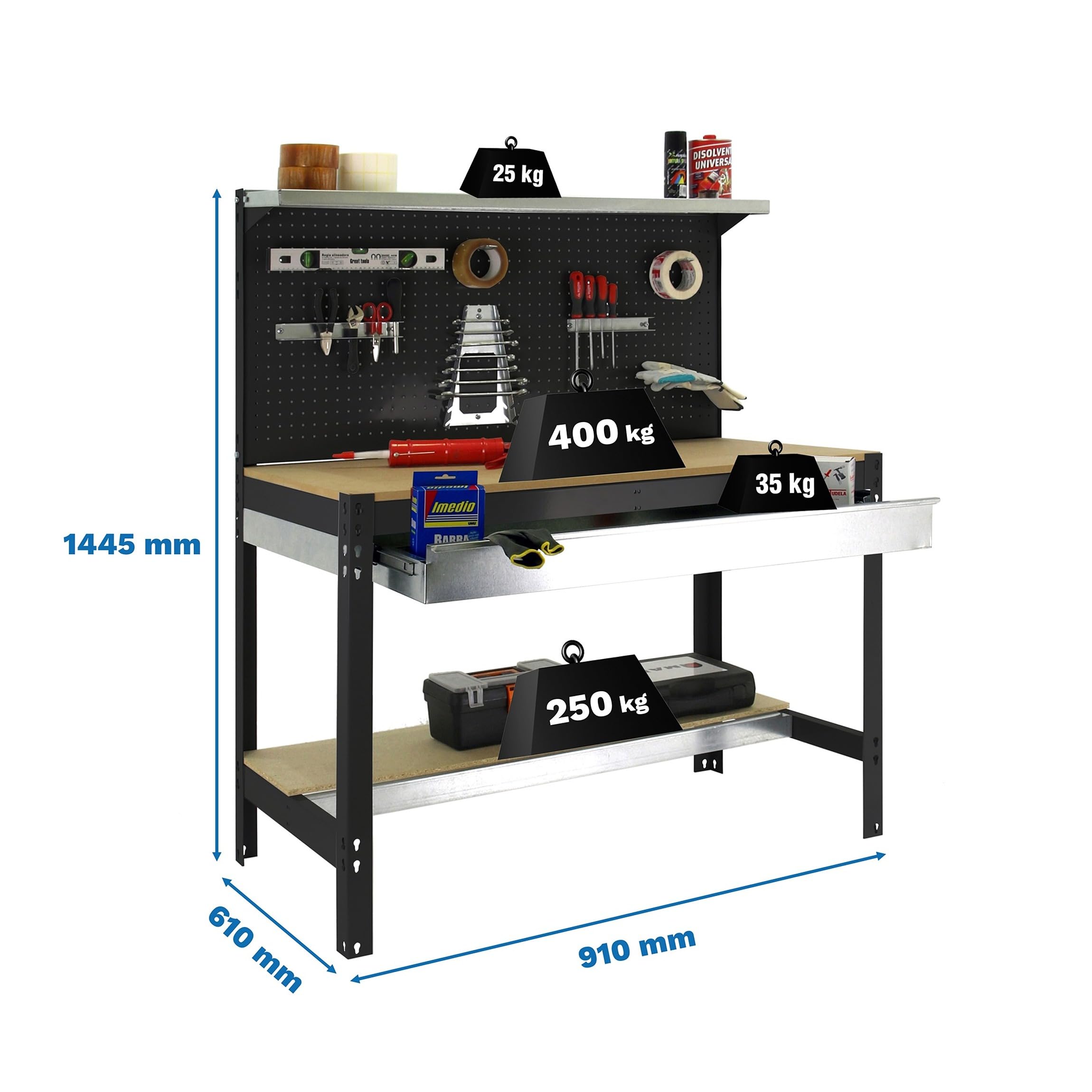 Simon Rack Banco da lavoro con pannello forato e cassetto 910x610 mm - BT3 | Pannello forato e cassetto, Piano in legno 16 mm, Portata 400 kg, Vernice anticorrosione, Antracite