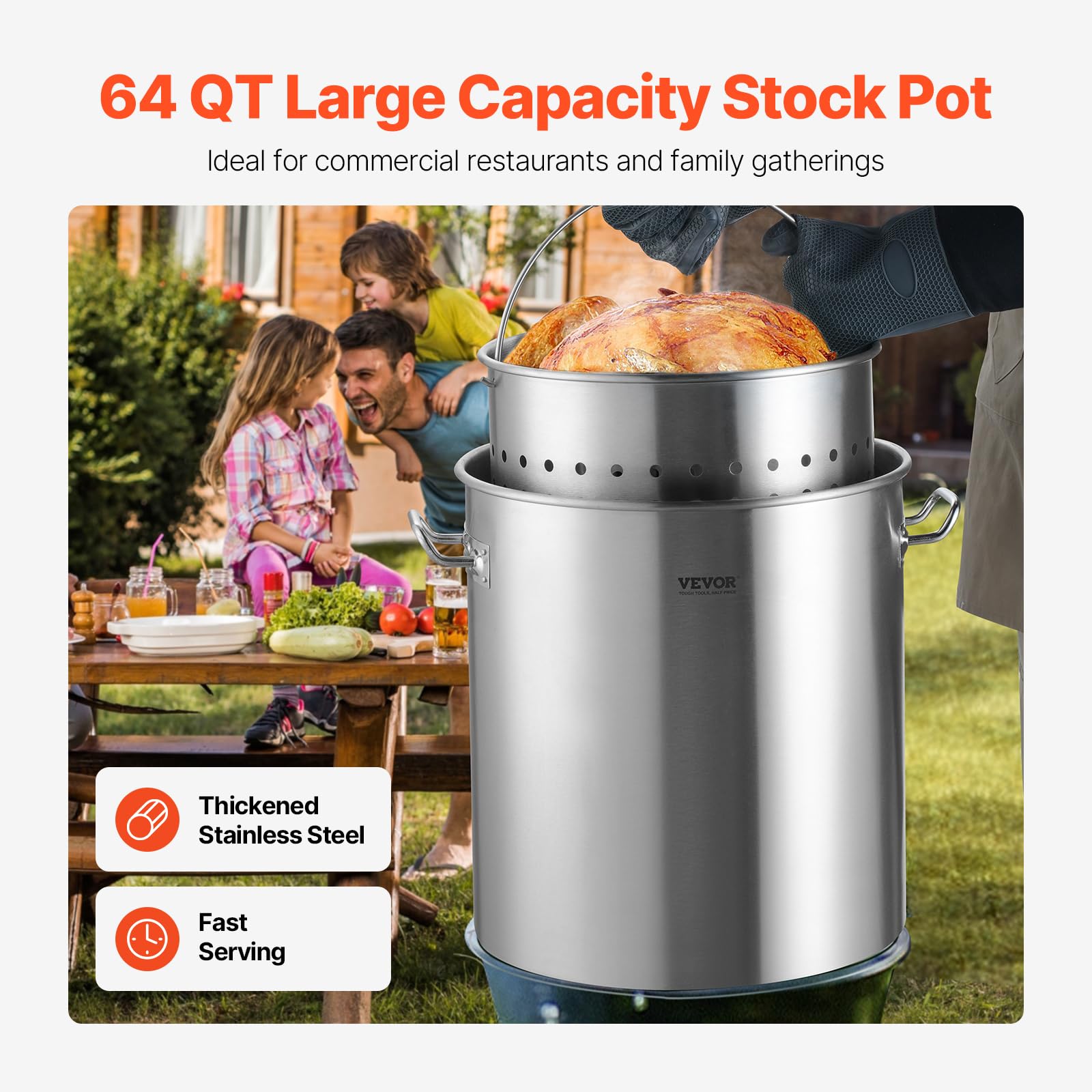 VEVOR Olla Grande de Acero Inoxidable de 60,5 L, para Salsa con Canasta, Tapa y Asa, Olla Comercial Resistente, Tratamiento de Lijado, para Eventos de Grupos Grandes, Plateado, 400 x 450 mm