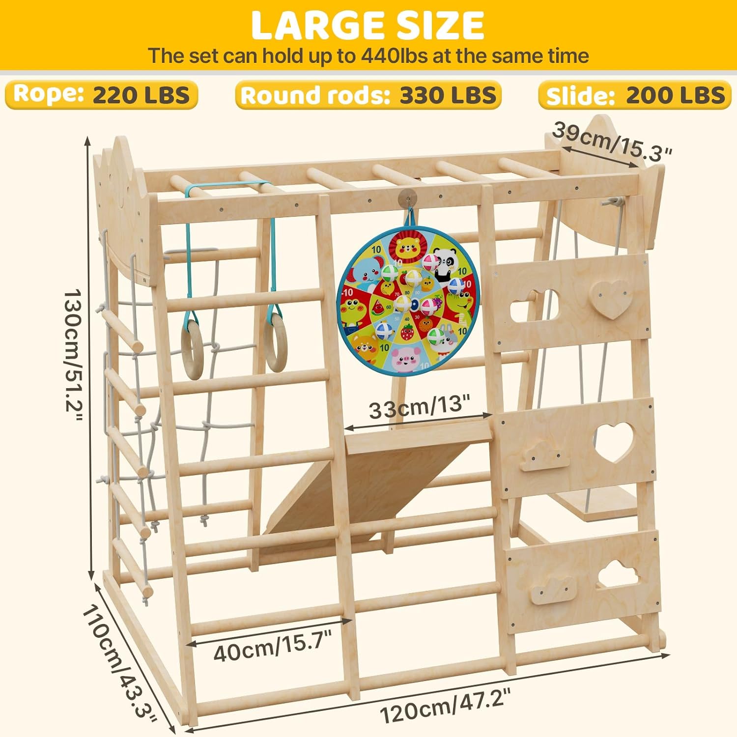 9-in-1 Indoor Jungle Gym, Indoor Playground for Toddlers,Wooden Montessori Climber Playset with Slide, Swing, Monkey Bar, Climbing Rock Climbing Net, Rope Ladder, Climbing Ladder, Rings and Dart Board