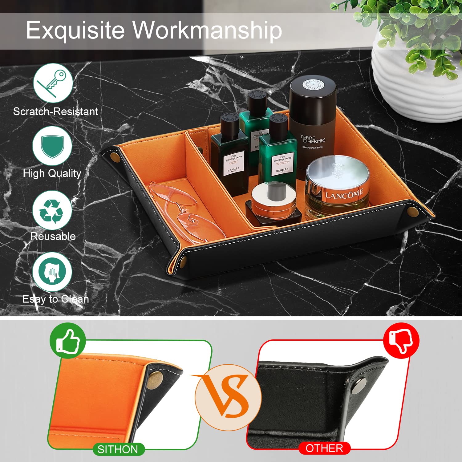 SITHON PU Leather Tray, Desktop Storage Organiser with 2 Compartments- Catchall Tray Bedside Vanity with Removable Dividers - Image 4