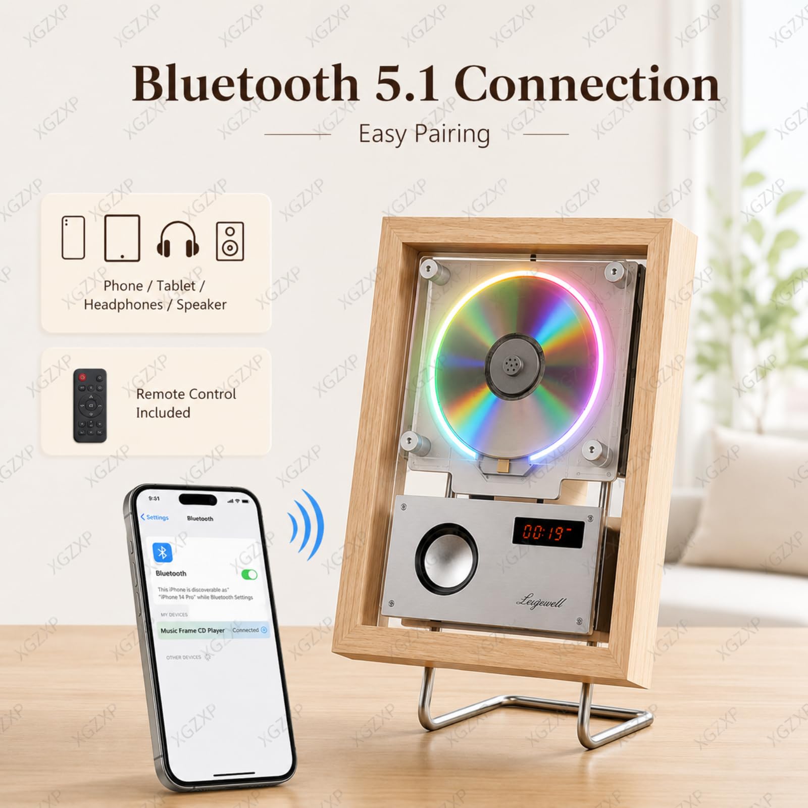 Reproductor De CD con Diseño De Marco De Fotos para Montaje En Pared, Marco Decorativo con Mando A Distancia, Sonido De Alta Fidelidad (hi-fi) Y Bluetooth; para La Wood