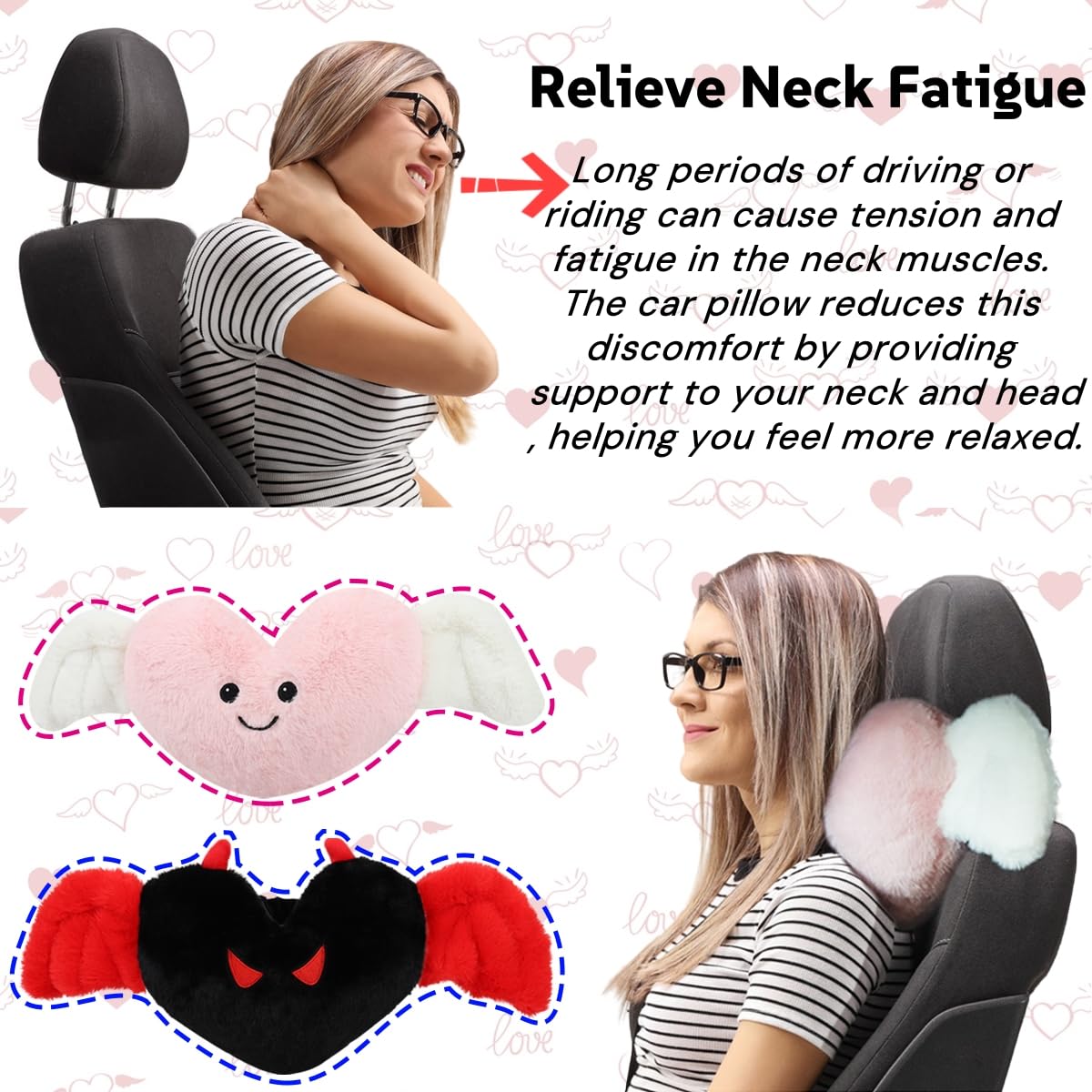 2 Pcs Heart Shaped Car Headrest Pillow Devil & Angel Wings Neck Pillow Cute Car Seat Decor Neck Support Cushions for Travel Sleeping, Driving, Home, Office, Black Devil