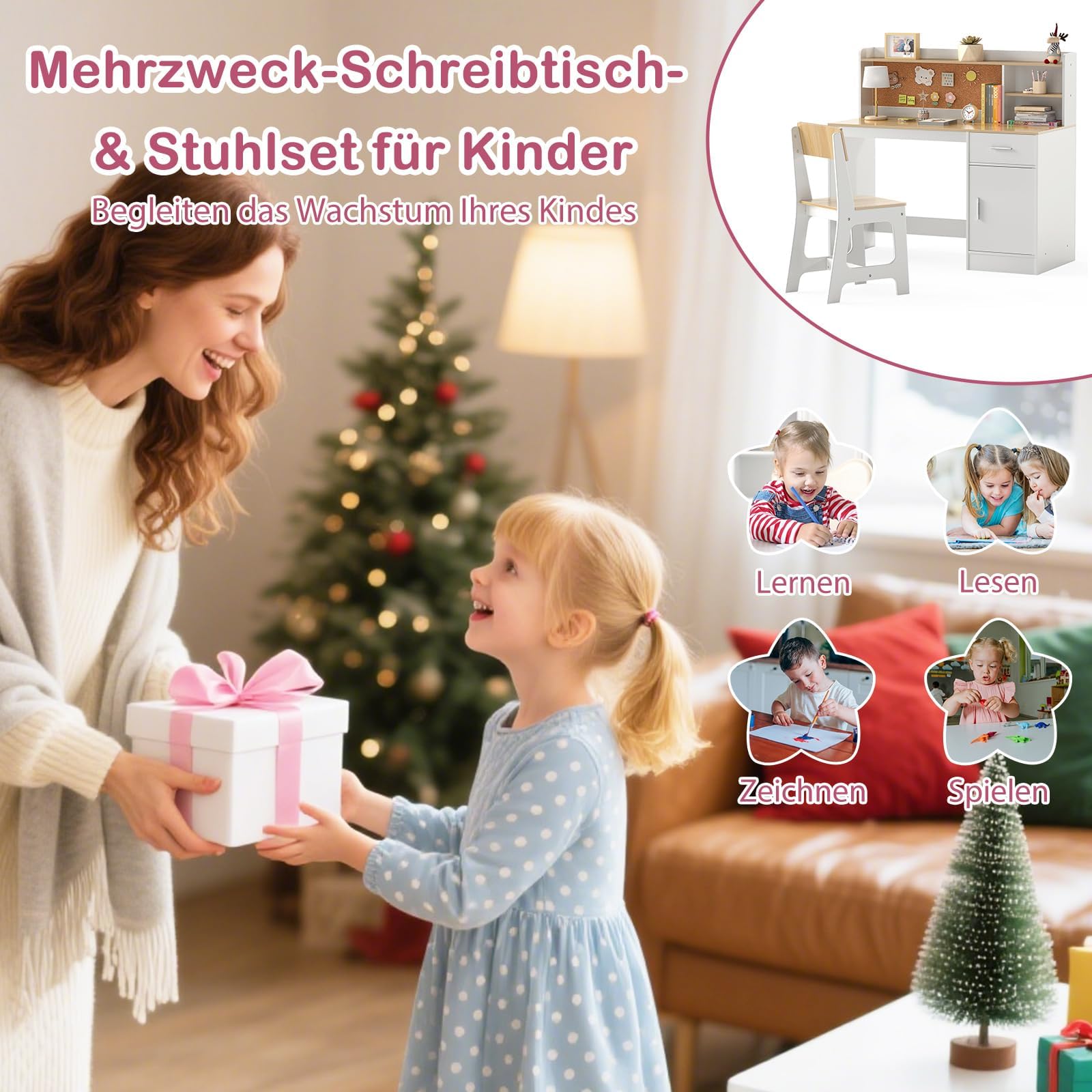 COSTWAY Kinderschreibtsich mit Stuhl, Schreibtisch Kinder aus Holz mit Regalen, Schubladen & Schrank, Jugendschreibtisch für Kinderzimmer, Kindertisch für Jungen, Mädchen ab 3 Jahren (Natur)