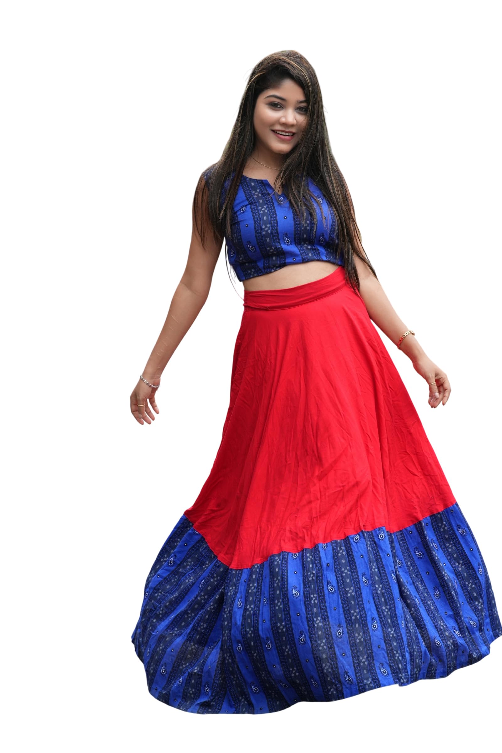 Women's Sambalpuri Design Red and Blue Sleeveless Lehenga Choli-image-46