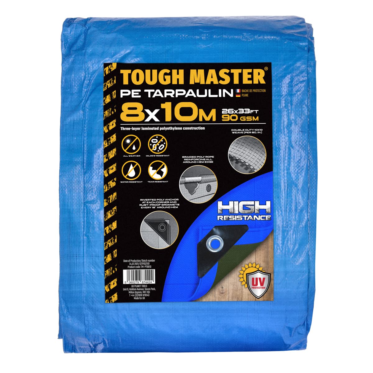 TOUGH MASTER 7 Sizes Heavy Duty Tarpaulin Waterproof Cover Tarp Ground Sheet (Blue/Green, 8 X 10M)