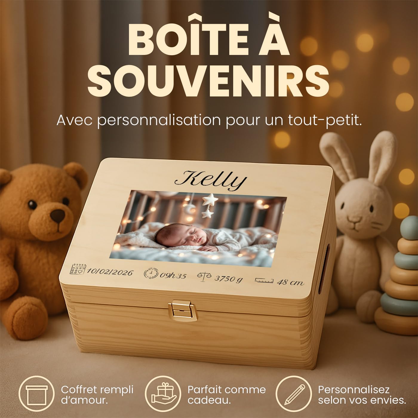 Maverton Boite Souvenir Bebe Personnalisable - Cadeau Naissance Personnalisé - L/XL Boite de Rangement avec Couvercle en Bois de Pin Naturel - Cadeau Noel - Cadeau Anniversaire Enfant Personnalisé