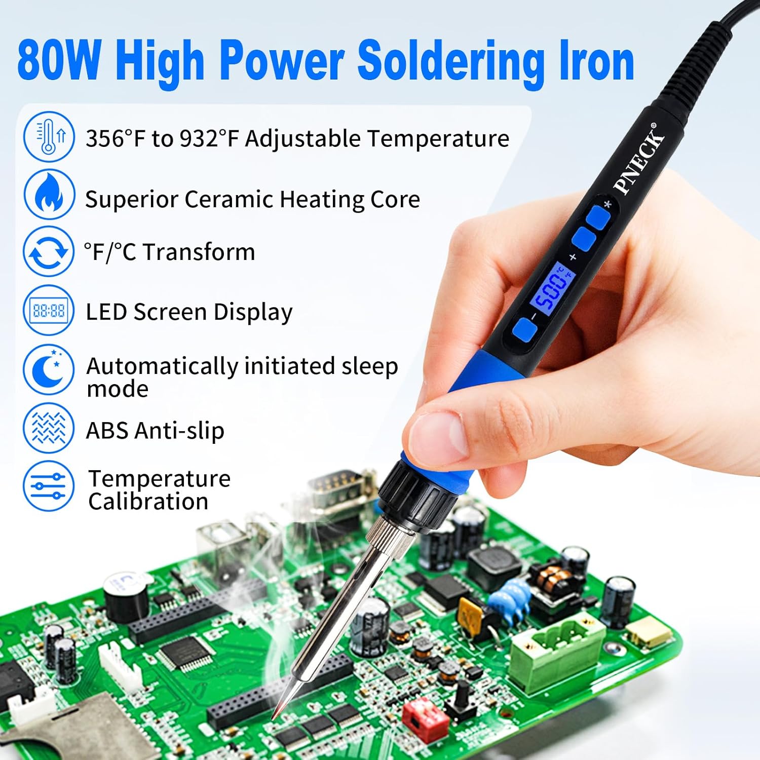 Soldering Iron Kit, 80W Soldering Iron Pen with Adjustable Temperature, LCD Display, ON/OFF Switch, 5 Tips, Solder Wire, Stand with Sponge, Pump, Paste, Tweezer, Blue