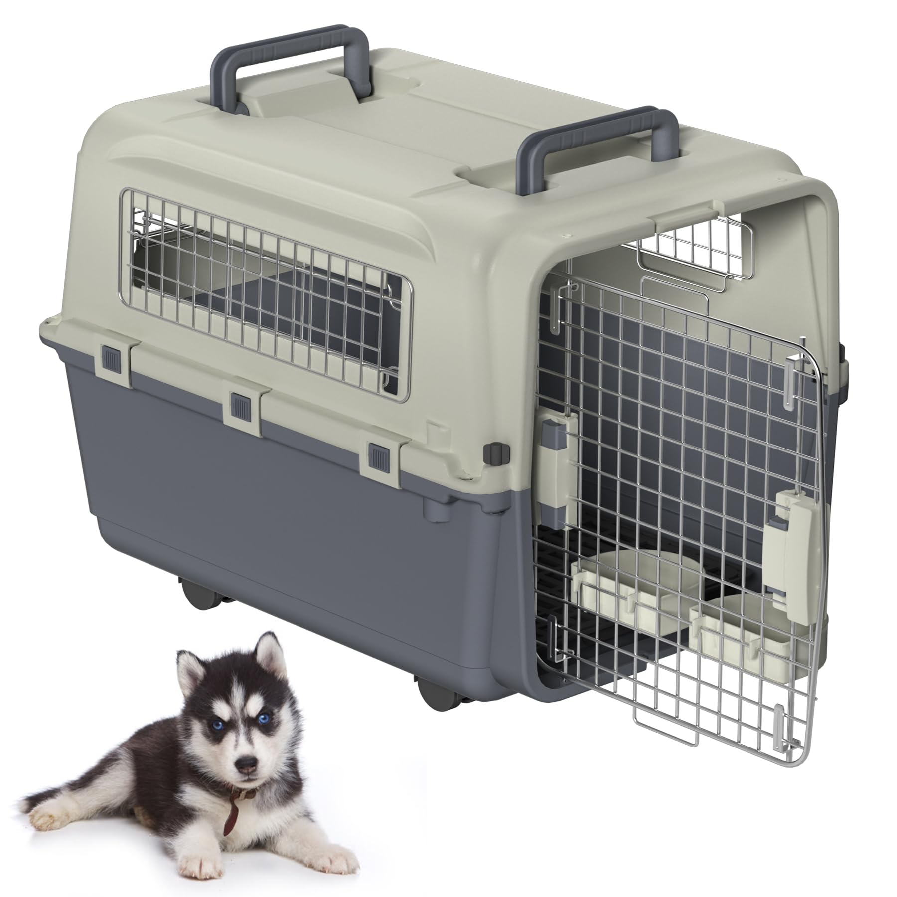 Froadp Transportbox para mascotas, perro, gato, caja de plástico PP, 67 x 51 x 58,5 cm, caja de transporte para gatos, caja de transporte para perros con ruedas, espaciador de orina y cuencos