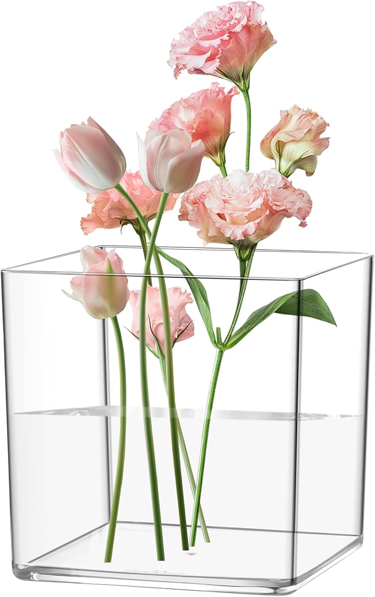 Acrylic Cylinder Vase, Thick Vase, Non-Breakable Plastic, Decorative Centerpiece for Home or Wedding, 5.9"x5.9" Square - Clear