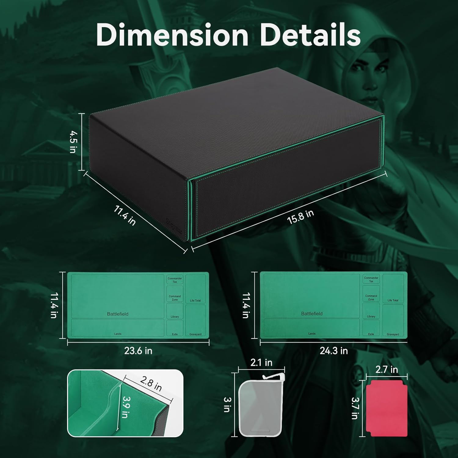 5 Row Trading Card Storage Box, 3800+Bulk Card Organizer Box with 20 Dividers & 5 Supporters, Graded Card Deck Box for YuGiOh, MTG, TCG with Double Lid Black/Green