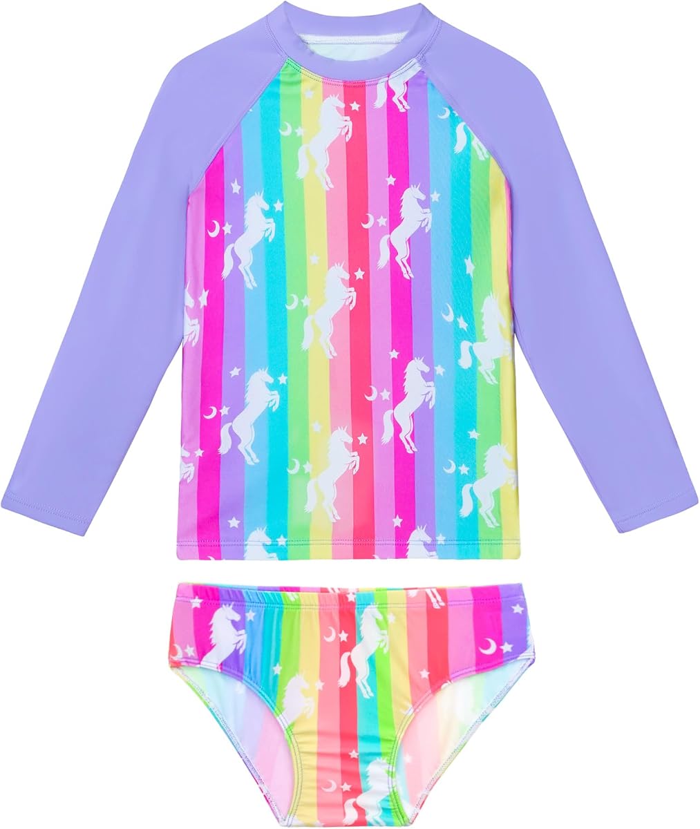 Girls Swimsuit Long Sleeve Rash Guard Bathing Suit Swimwear Pool | Swim Class, UPF 50+, Soft Fabric, Easy Care, Summer Gift, Sea Ready, Comfy Fit, Flexible, Vibrant Print, Bright Color