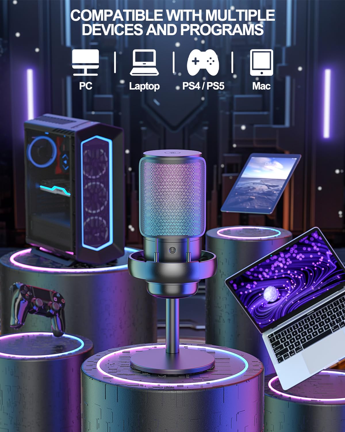 Anykuu USB Gaming Mikrofon 192kHZ/24bit Plug&Play Kondensator Microphone mit 1,5 m USB-C-Kabel Kompatibel mit PS4/5 PC RGB-Licht Anti-Verzerrung PC Mikrofon für Gaming Streaming Studio