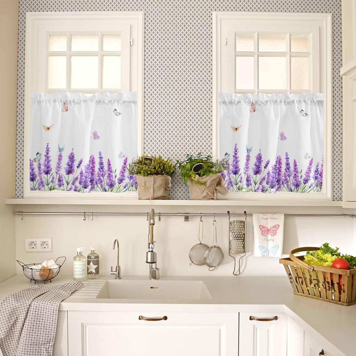 YOKOU Kitchen Curtain Valance, Summer Lavender Flower Spring Butterfly Floral Print Short Rod Pocket Window Curtain Tiers for Bedroom, Bathroom, 2 Panel, 27.5" W x36 L