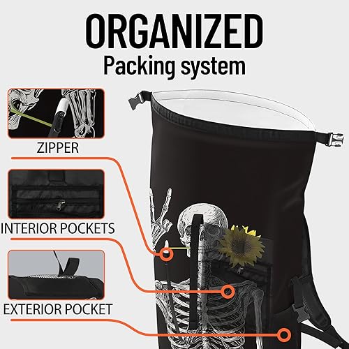 Miniatura 5 de Bolsa seca impermeable Bolsas secas marinas para kayak, senderismo, cráneo, girasol, mochila negra, bolsa de cierre enrollable - Mochila Funda