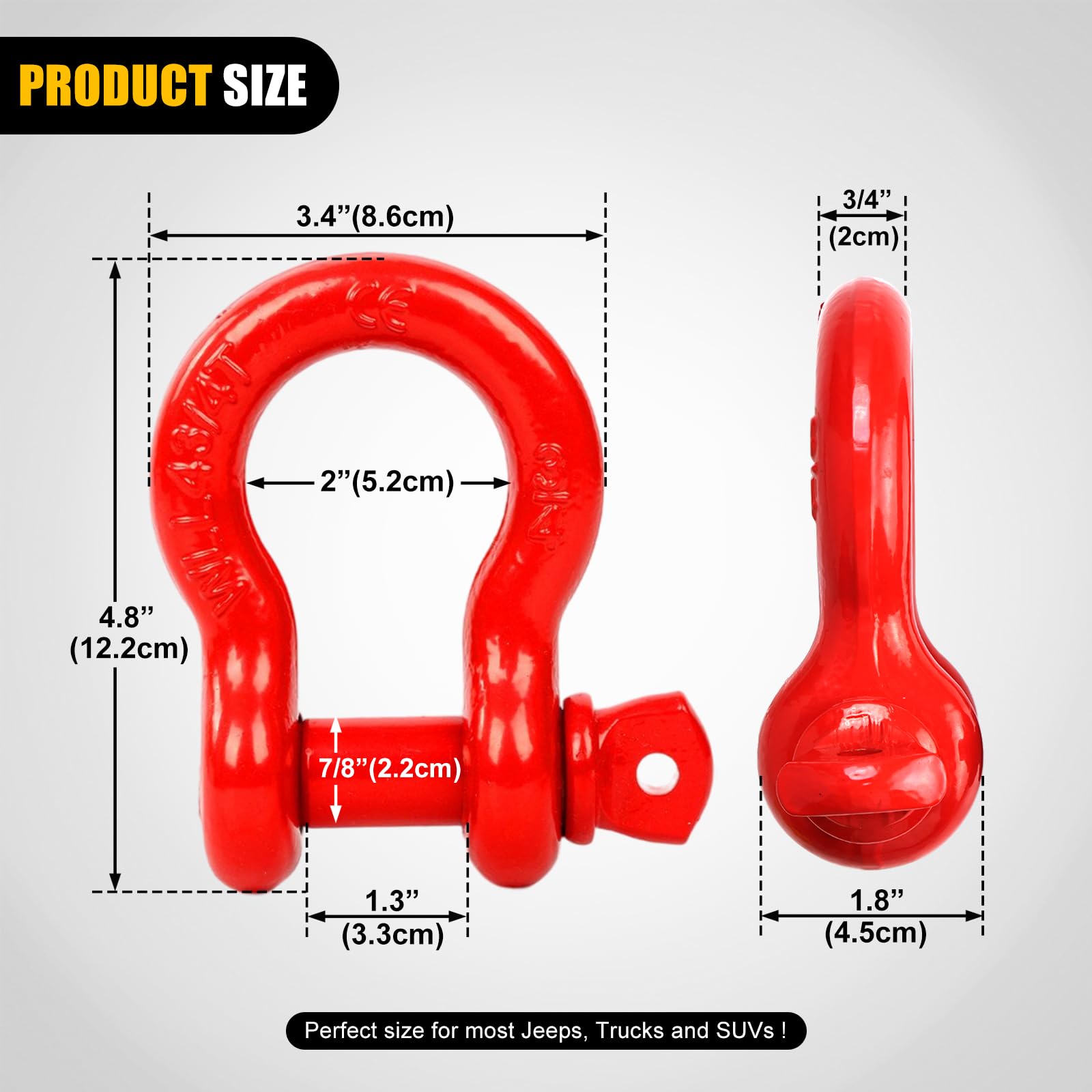 FreeTec 4 Pezzi Grillo Traino, 3/4" 4,75t Arco Acciaio Grilli con Perno, Grande Grillo Sollevamento Traino Grilli Fuoristrada Recupero 4x4 per Catena Cinghia Auto Camion (Rosso)