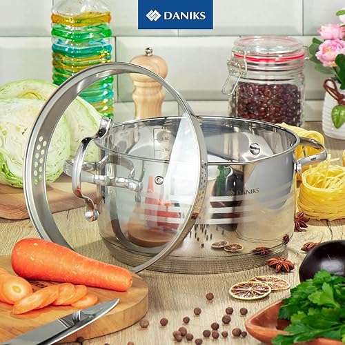 Miniatura 2 de Daniks Tokio - Olla de cocina de acero inoxidable de 3 cuartos con tapa de vidrio y colador