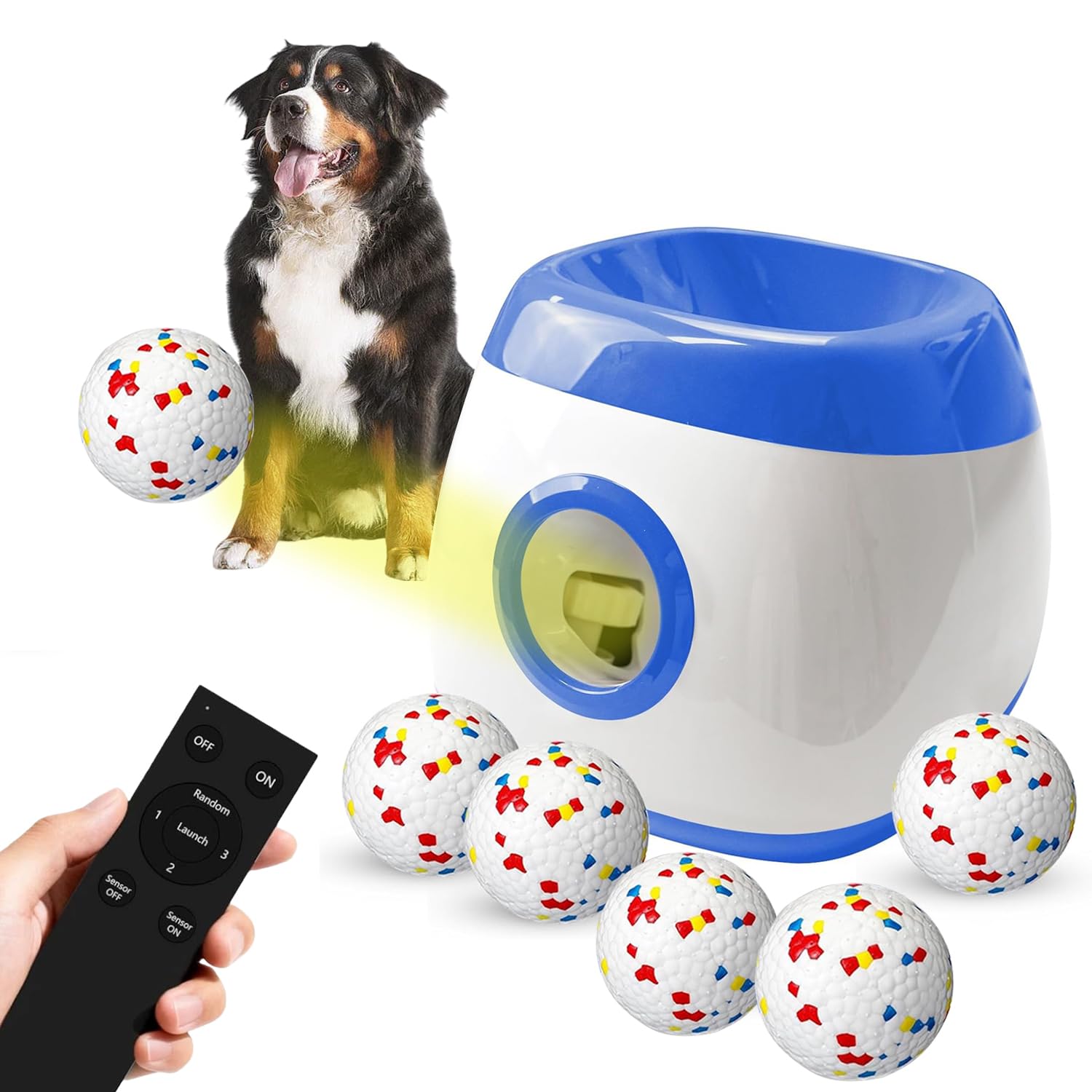 Large Automatic Dog Ball Launcher, Dog Ball Throw Launcher, 3 Adjustable Distance 40-80FT, with 6 2.5-inch ETPU Balls, for Medium&Large Dogs, Indoor and Outdoor Remote Control Interactive Dog Toys