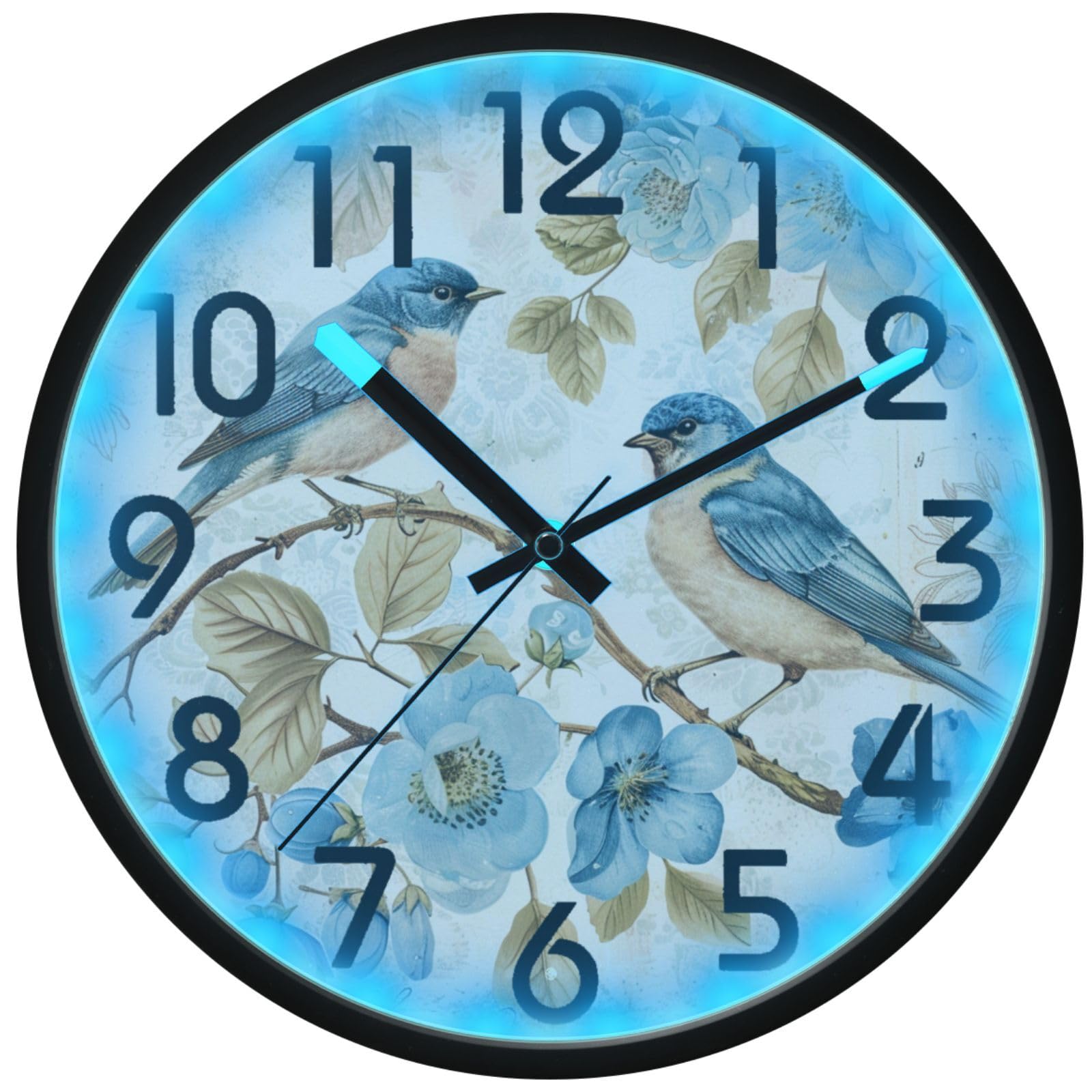 Horloge murale LED oiseaux bleus lumineuse pour décoration de salon