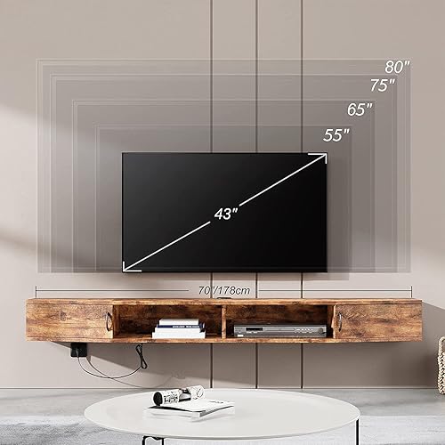 Miniatura 4 de FITUEYES Estante flotante de TV montado en la pared con luz amarilla, estante de TV para debajo de la TV, mueble de consola de TV montado en la