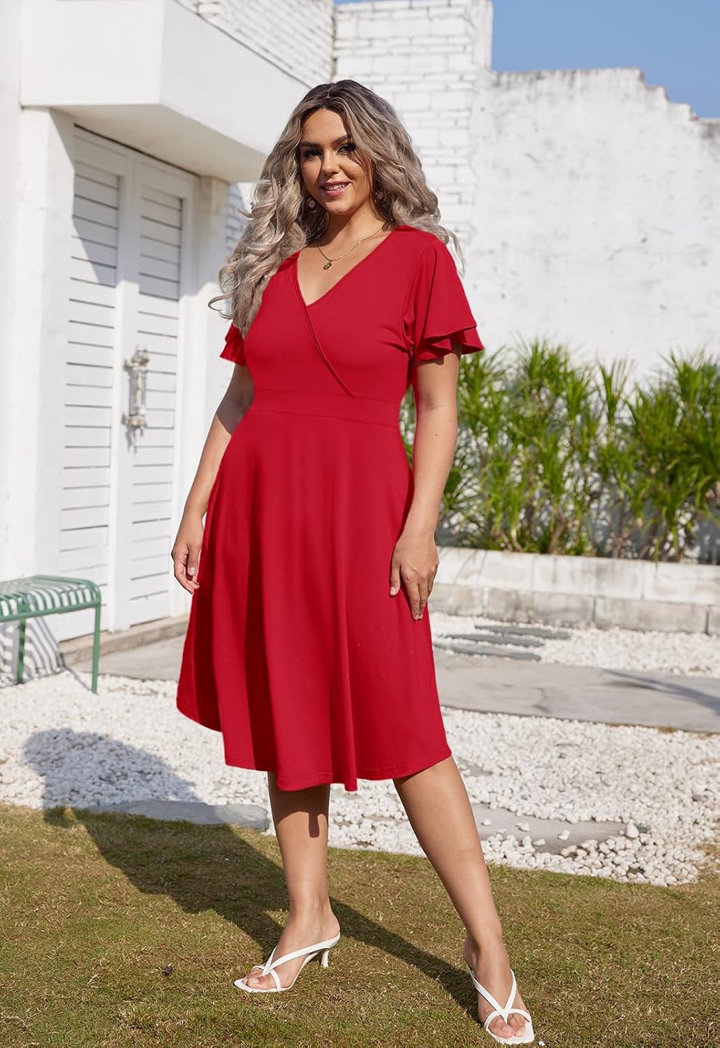 Women's Plus Size V Neck Dress Short Ruffle Sleeve Casual Summer Waistline Tunic Midi Dress with Pockets - Image 5