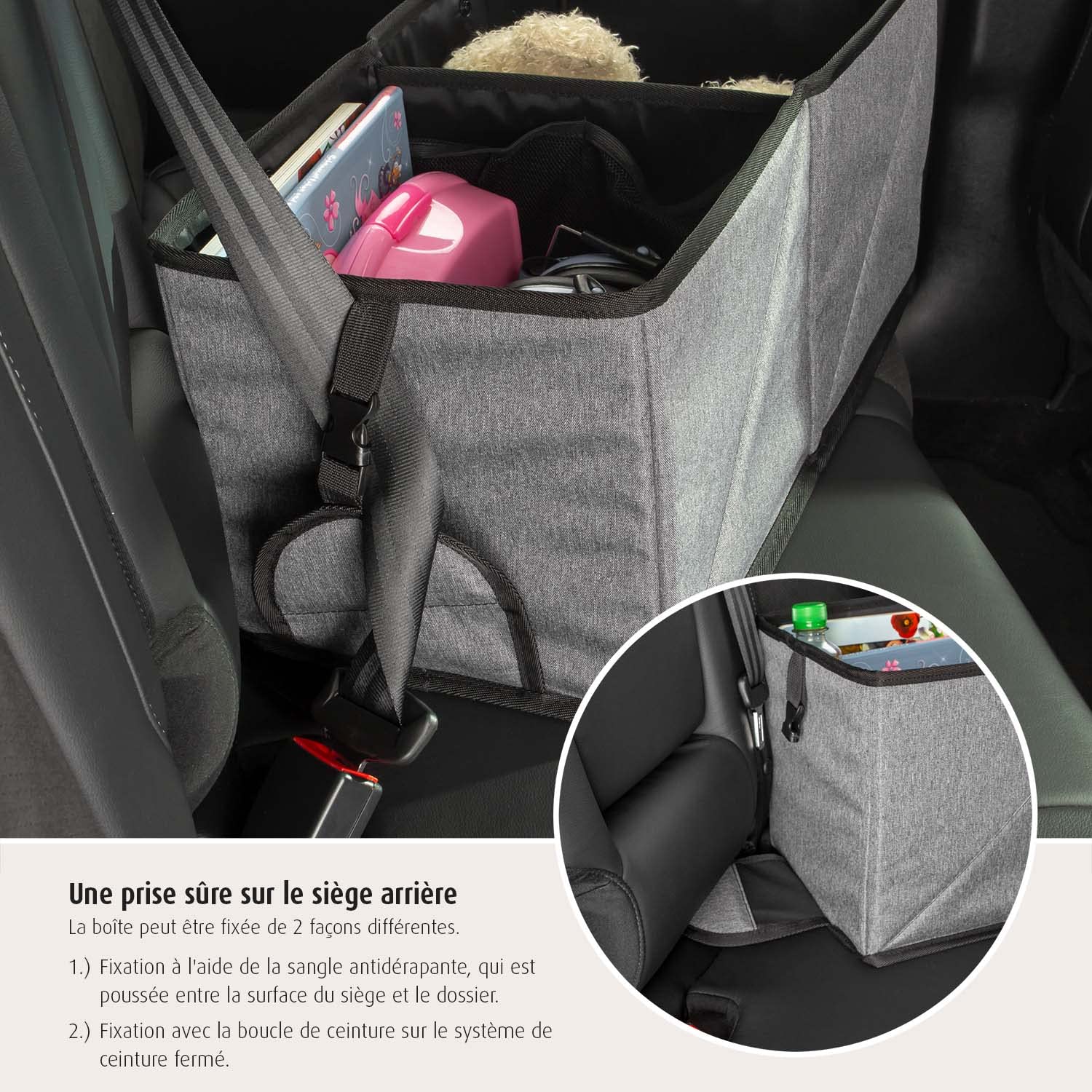 reer TravelKid Box samochodowy na tylne siedzenie, odporny na zabrudzenia, antypoślizgowy spód, składany, szary