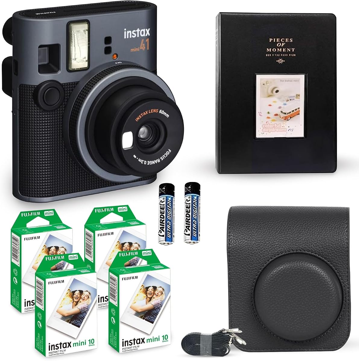 Cámara Instantánea Instax Mini 41 Vintage Negra. + Paquete económico Fujifilm (40 hojas) + Paquete de accesorios para obturadores, incluye estuche de transporte compatible con estilo vintage, álbum de fotos negro con 64 bolsillos