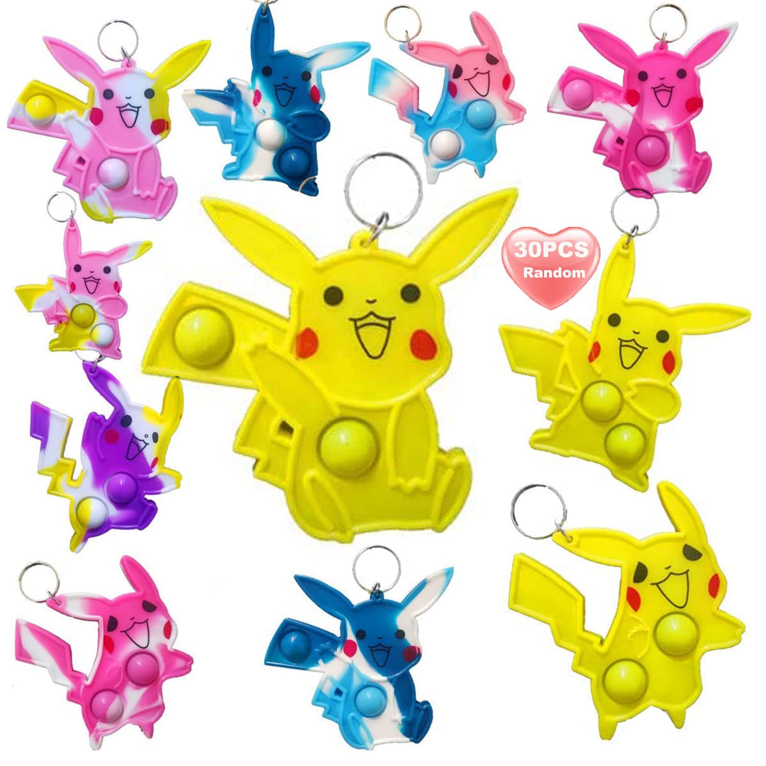 30Pcs Rainbow Bulk Cartoon Shape Mini Pop Keychain Sets for Friend Birthday Party Favors and Holiday Children Kids Students Small Prize Gift