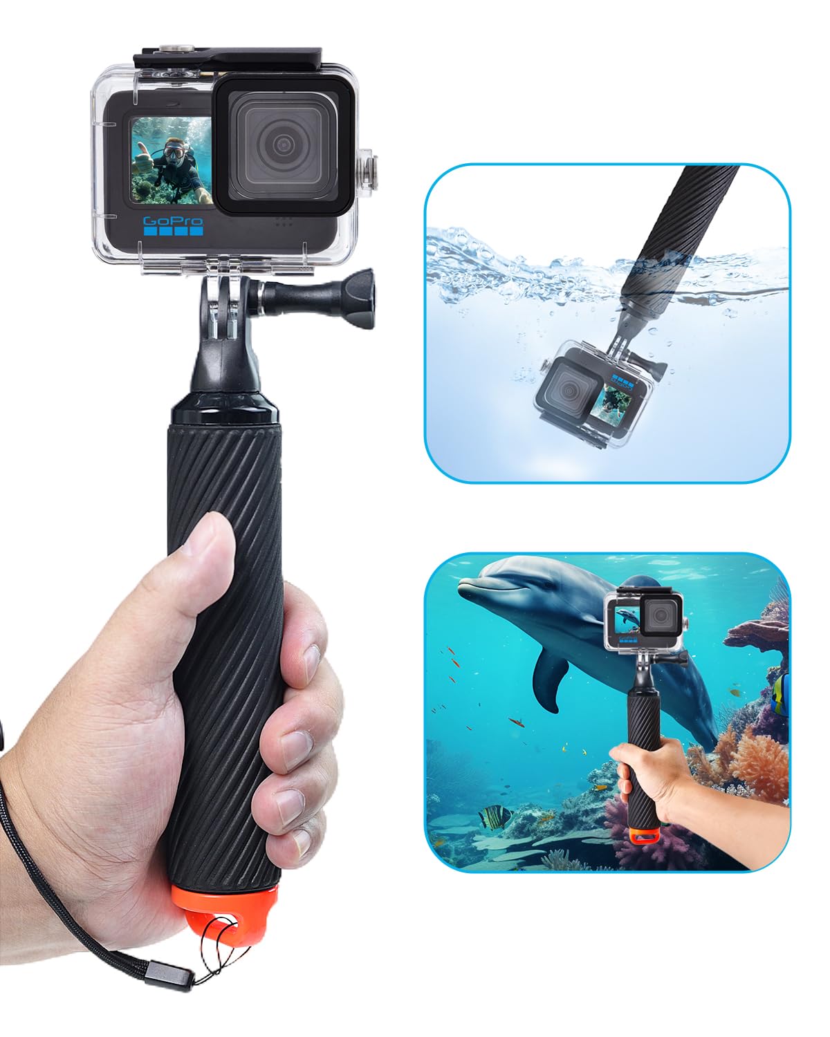 wasserdichte Schutzhülle für GoPro Hero 9/10/11/12, Unterwasser Schwimmender Handgriff Kompatibel mit GoPro 9/10/11/12