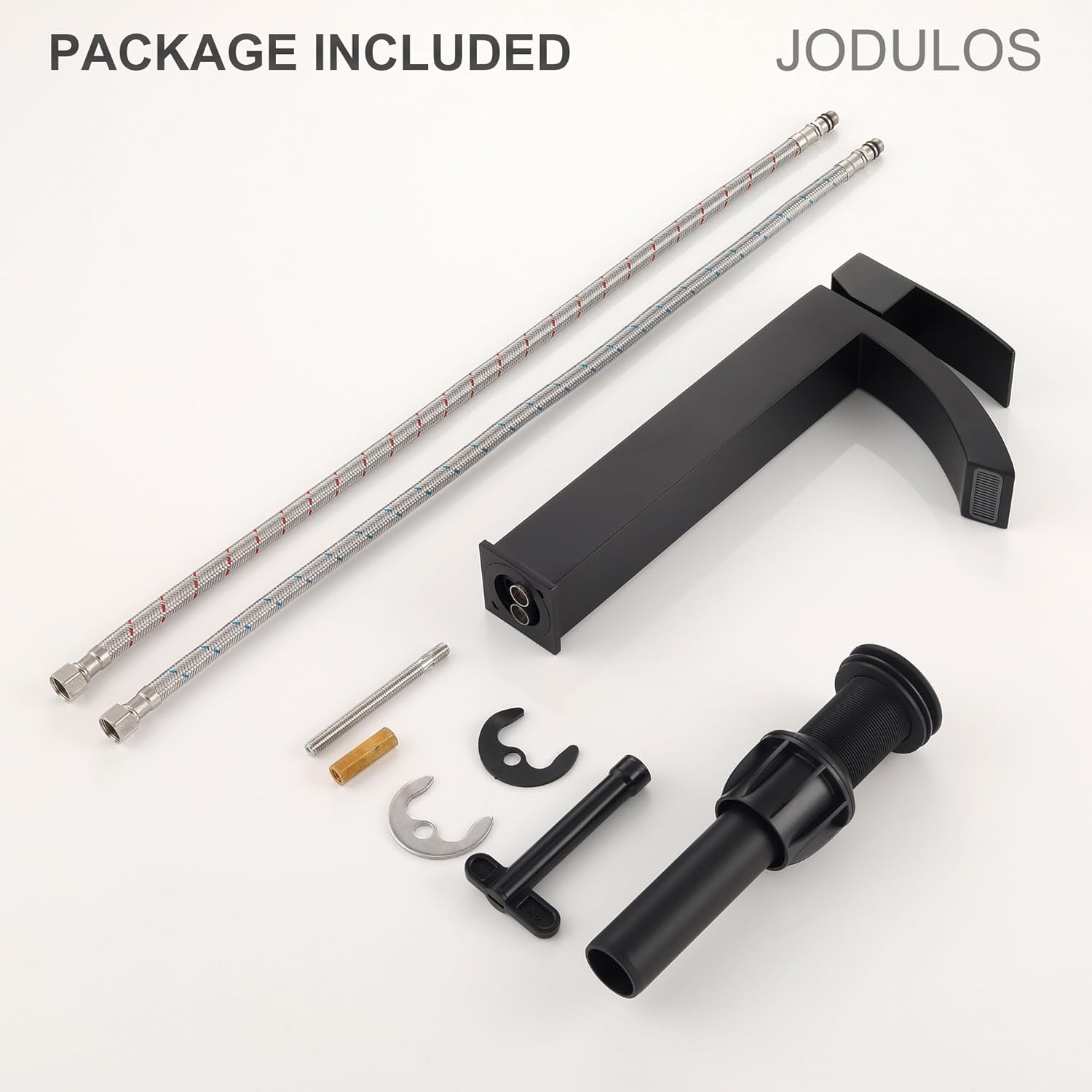 Black Matte Waterfall Vessel Sink Faucet Bathroom, Stainless Steel Tall Bathroom Faucet Single Hole with cUPC Supply Hose and Pop Up Stopper JU-BS101-BK