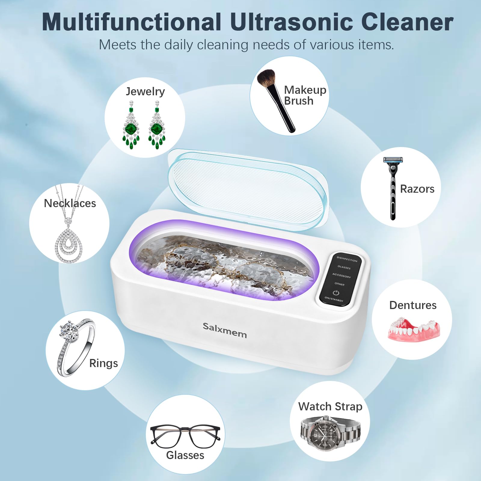 Limpiador ultrasónico de joyas, limpiador ultrasónico de 50 KHz, 350 ml, máquina limpiadora ultrasónica portátil con 3 modos de temporizador para retenedores, joyas, plata, gafas, dentaduras