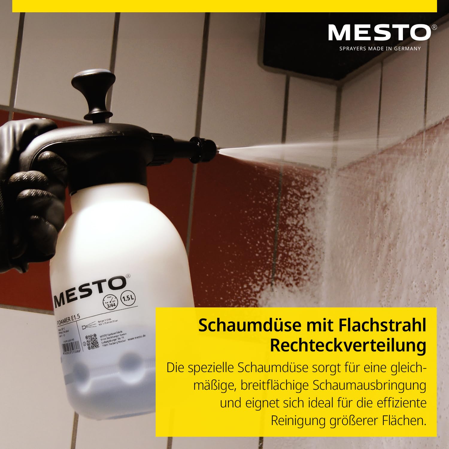 MESTO 3132FE FOAMER Drucksprüher 1,5L Schaumsprüher | Schaumgerät mit EPDM-Dichtungen | Foam Sprayer für Automotive Reinigung | Schaum Sprühflasche | Spezial-Flachstrahldüse 110-06 | inkl. Fleecepads